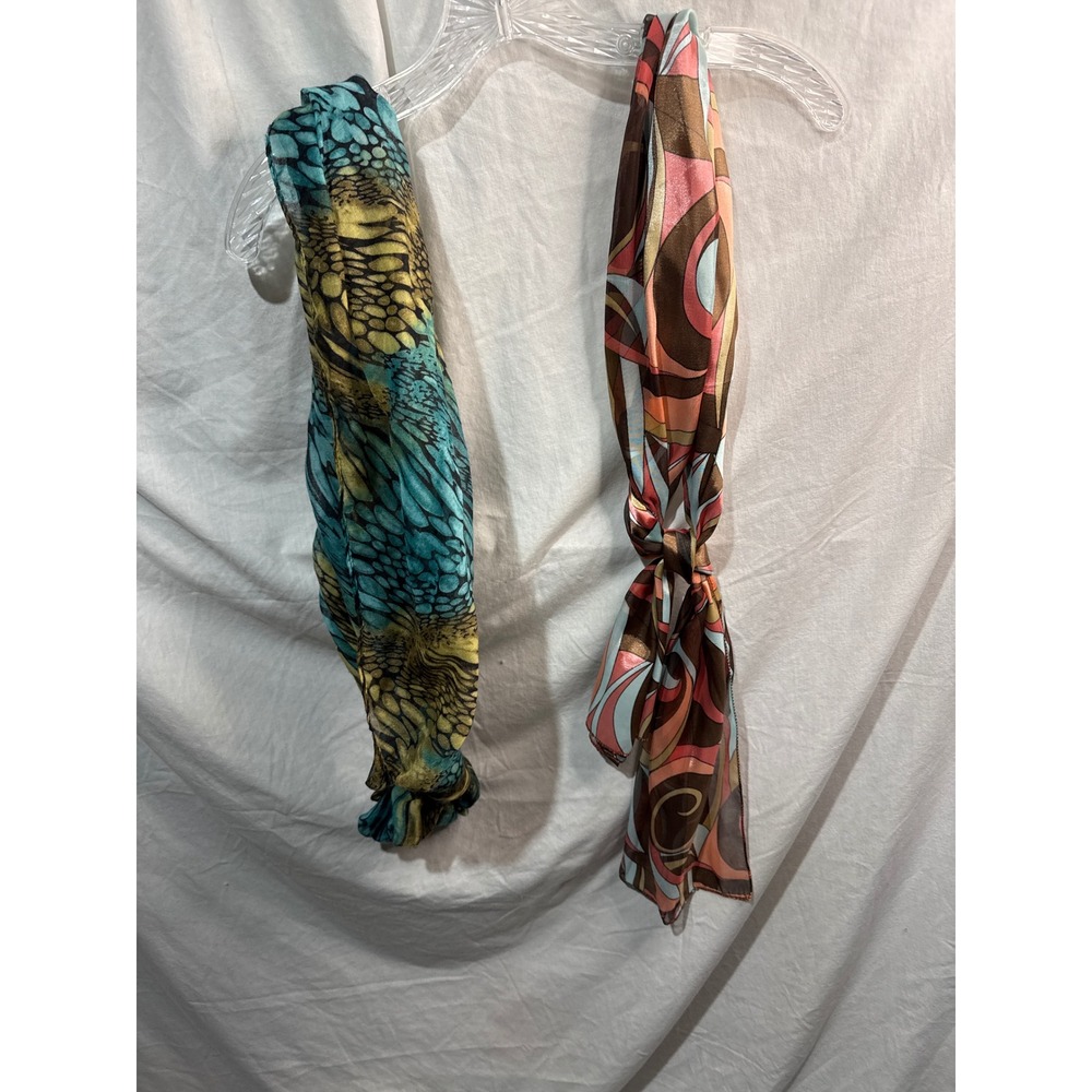 Lot of 2 Vintage Style Patterned Scarves Peacock Scale and Retro Swirl Prints